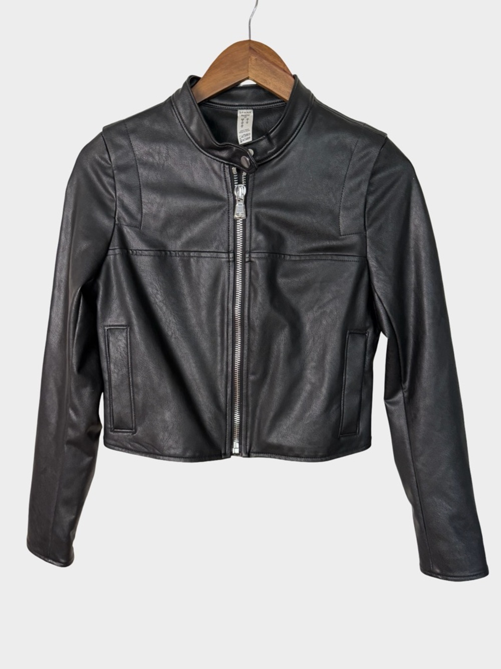 SPANX Black Leather Like Moto Jacket Cropped Zip XS Biker Rocker Edgy - Picture 2 of 13